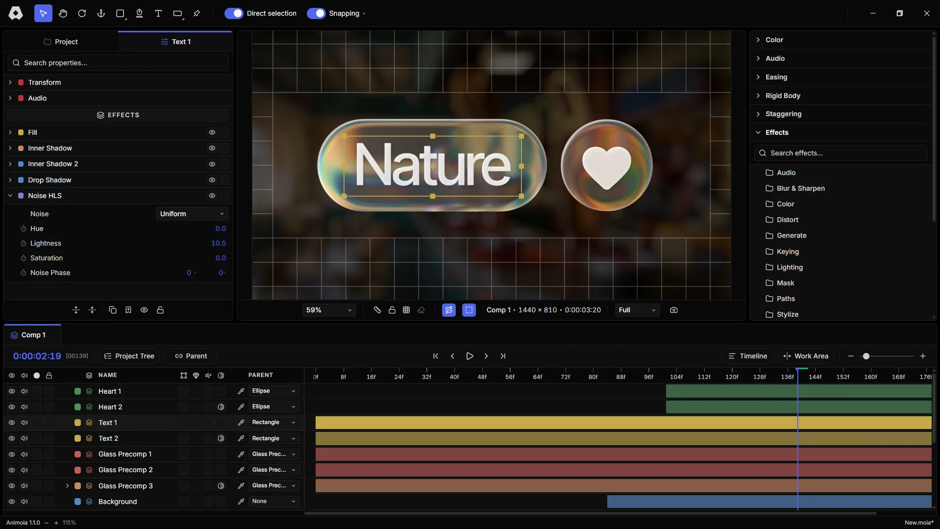 Animoia editor showing a composition with a glass 'Nature' label and heart, the properties panel, effects browser, and timeline